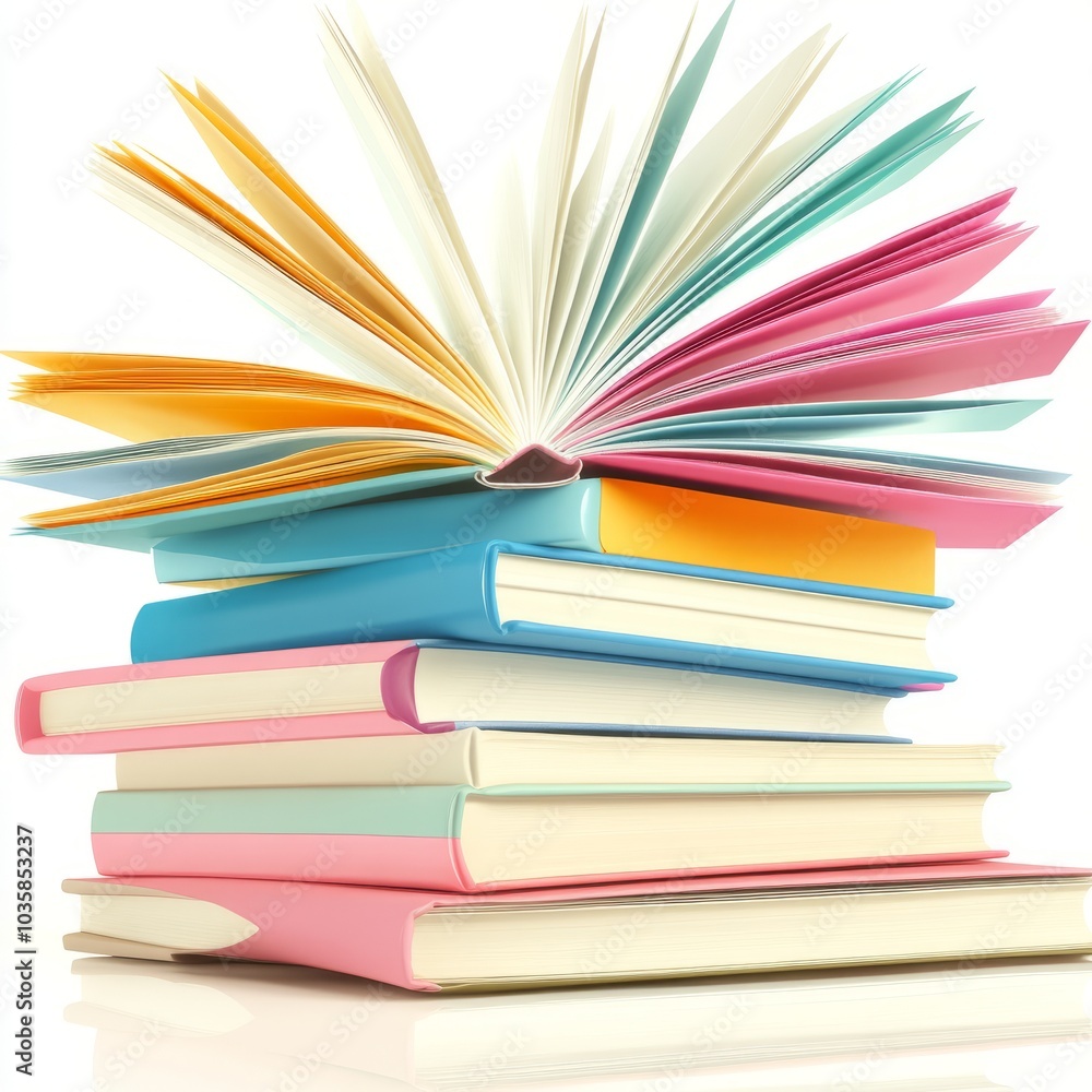 Fototapeta premium A stack of colorful books with an open book on top, symbolizing knowledge.