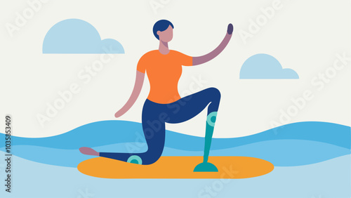 Yoga on a Paddleboard A person practicing yoga on a paddleboard with a prosthetic leg depicting balance and tranquility amidst serene waters.