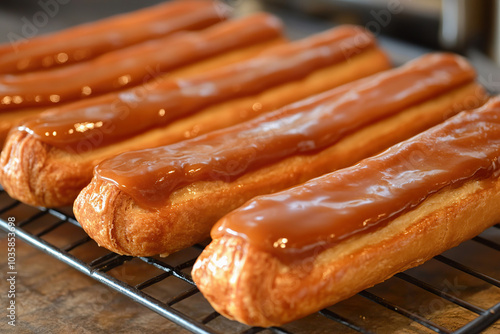 caramel eclairs made with puff pastry and filled with rich creme patissiere photo