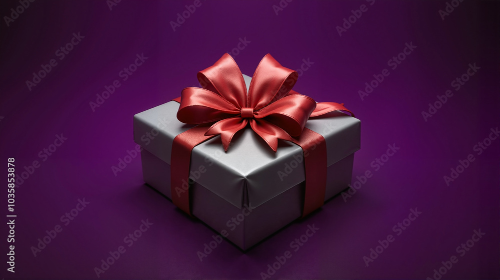 Obraz premium Silver gift box with red ribbon on purple background