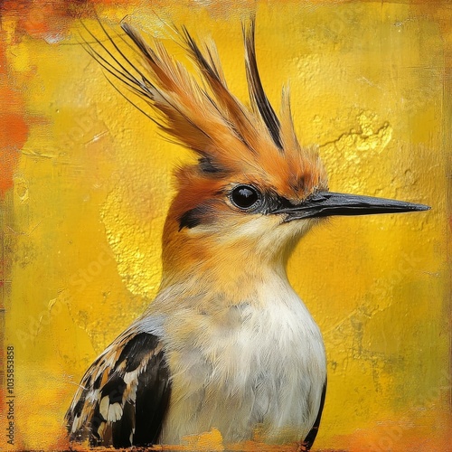 Cute bird, yellow background: Eurasian Hoopoe at Mogan Lake photo