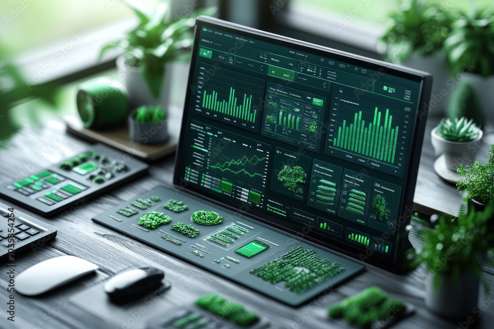 A modern workspace with a computer displaying data analysis and surrounded by plants. A modern workspace with a computer displaying data analysis and surrounded by plants.
