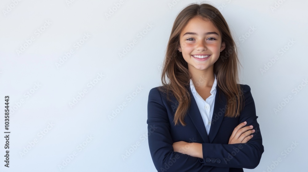 Confident Young Business Girl Smiling in Professional Attire Against Bright Background Confident Young Business Girl Smiling in Professional Attire Against Bright Background
