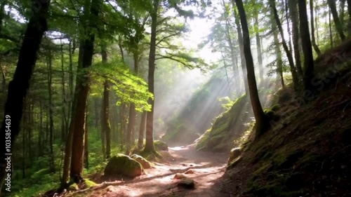 Peaceful forest trail with sunbeams piercing through mist, ideal for Earth Day promotions and nature mindfulness retreats