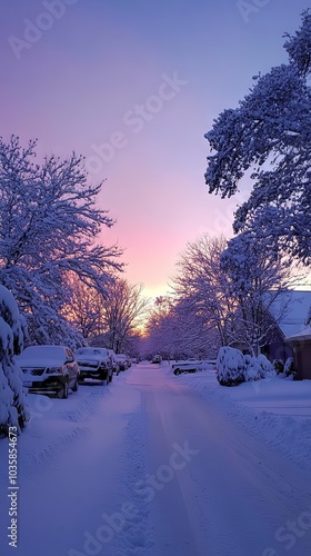 Snowy Street at Sunset: A Winter Wonderland