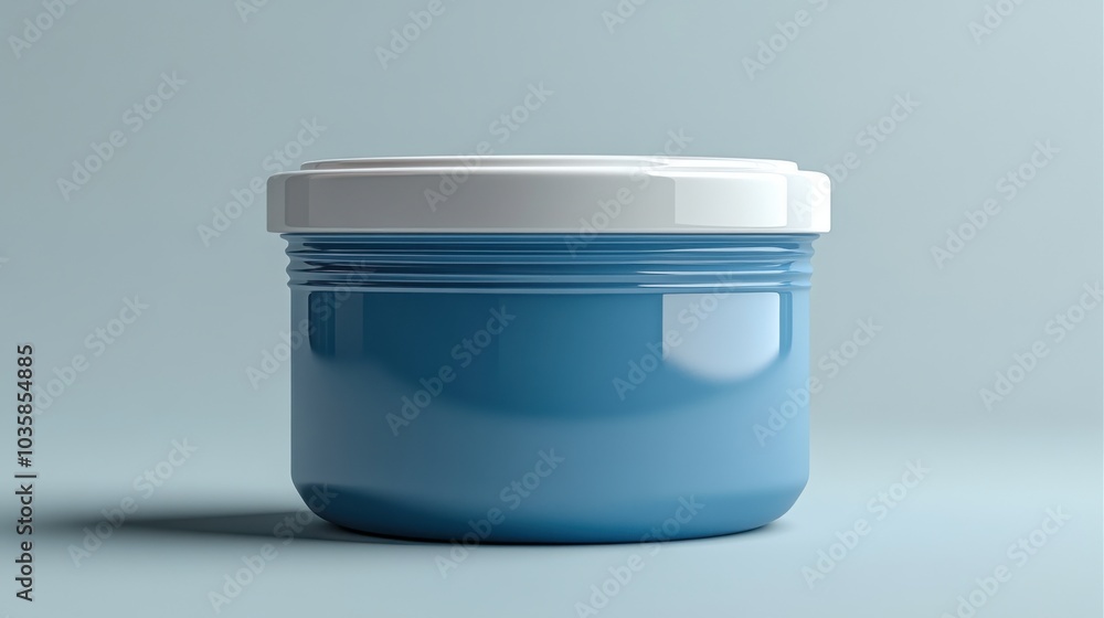 Blue cosmetic jar with white lid on a minimalist background. Blue cosmetic jar with white lid on a minimalist background.