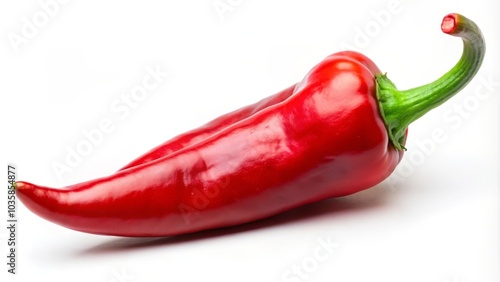 Single red chili pepper laying on its side on a white background