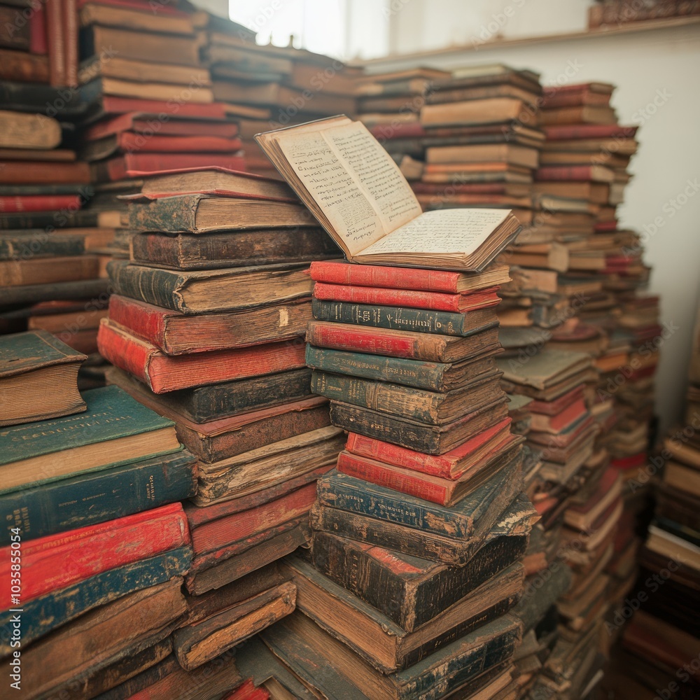 A stack of old books, with one open, showcasing a vintage library atmosphere. A stack of old books, with one open, showcasing a vintage library atmosphere.