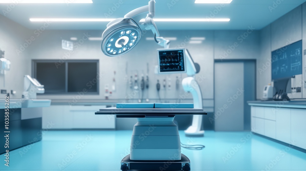 A cutting-edge AI-driven remote surgery tool, clean medical environment with advanced robotic arms and telemedicine interfaces for remote surgical procedures, Medical style A cutting-edge AI-driven remote surgery tool, clean medical environment with advanced robotic arms and telemedicine interfaces for remote surgical procedures, Medical style