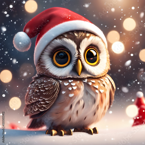 A small Christmas owl wearing a red Santa hat, a calm face and big sparkling eyes, with falling snow and a small Christmas tree beside it. photo