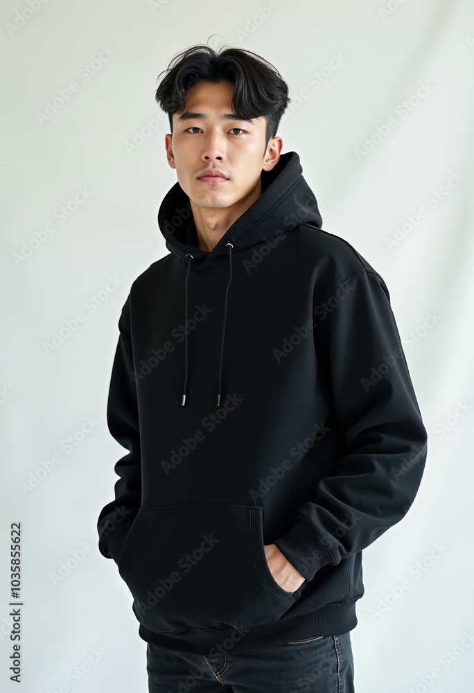 Young Korean Man in Black Hoodie Posing in Minimal Studio Setting Young Korean Man in Black Hoodie Posing in Minimal Studio Setting