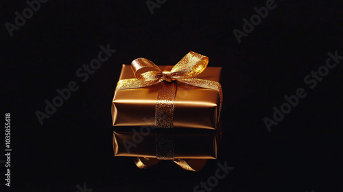 gold gift box with shiny bow on black background