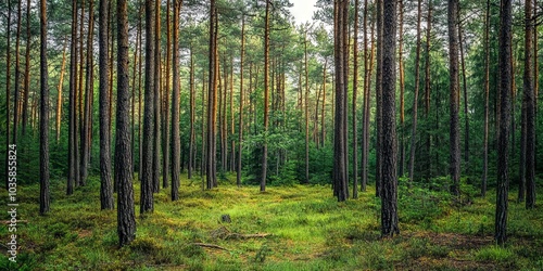 Tall Pine Trees in a Lush Green Forest