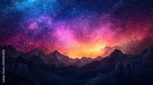 A stunning cosmic landscape showcasing a vibrant night sky filled with stars, colorful nebulae, and majestic mountains silhouetted against the dawn.