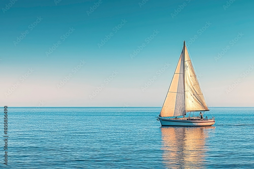 Obraz premium A Sailboat Anchored on a Calm Ocean with a Blue Sky