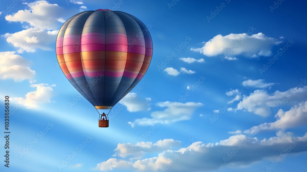 Naklejka premium A colorful hot air balloon floats high in a blue sky with white clouds.