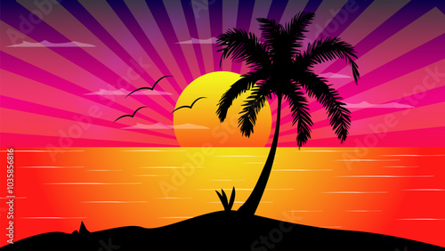 Beautiful sea summer background silhouettes of coconut trees and sea birds