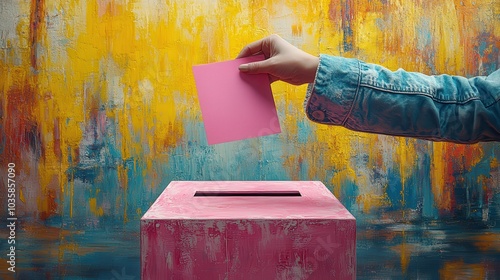 A hand casting a pink vote into a vibrant, colorful ballot box.