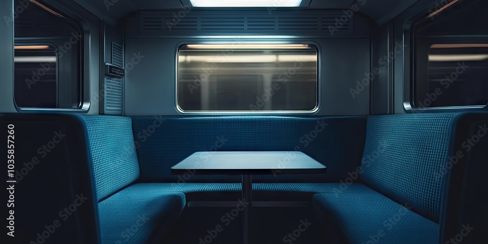 Fototapeta premium Empty Train Compartment with Blue Seats and Table