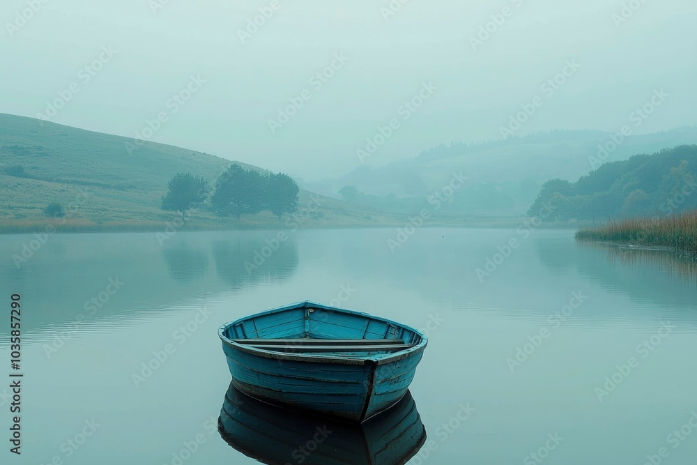 A Small Blue Boat on a Foggy Lake