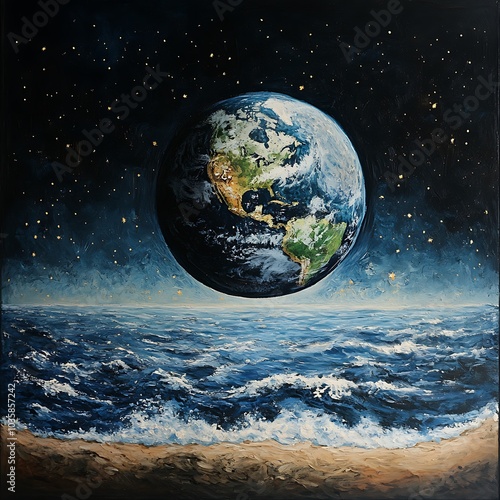 A stunning depiction of Earth hovering above a turbulent ocean under a starry sky, symbolizing the beauty of our planet.