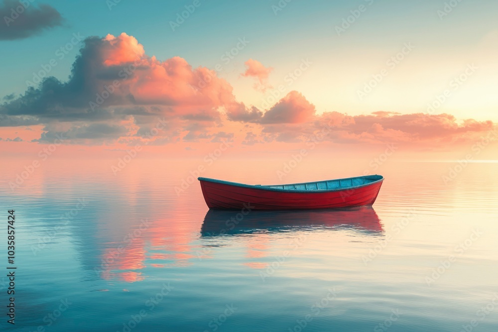 A Single Red Rowboat Atop Serene Water at Sunset A Single Red Rowboat Atop Serene Water at Sunset