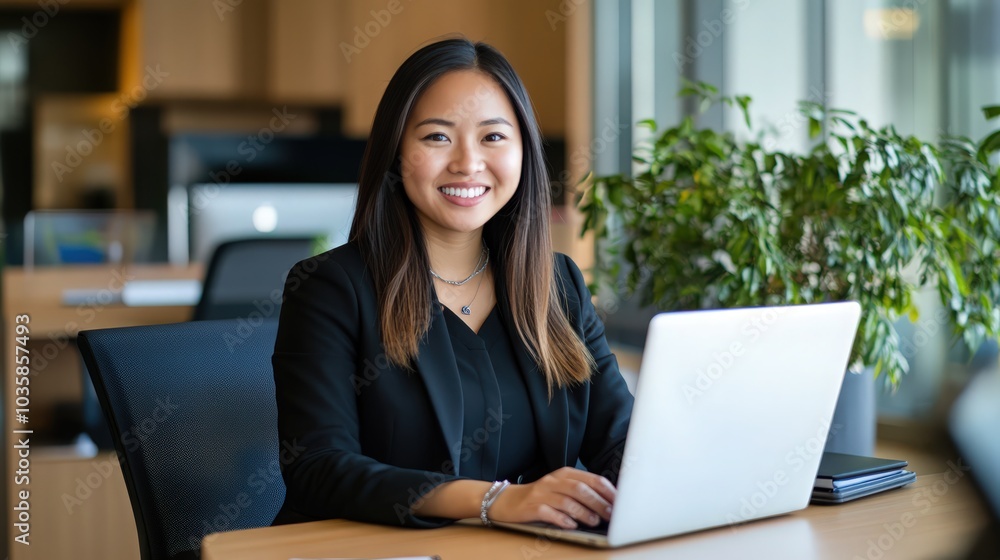 Asian business woman Working at the office, happy working day smile Asian business woman Working at the office, happy working day smile