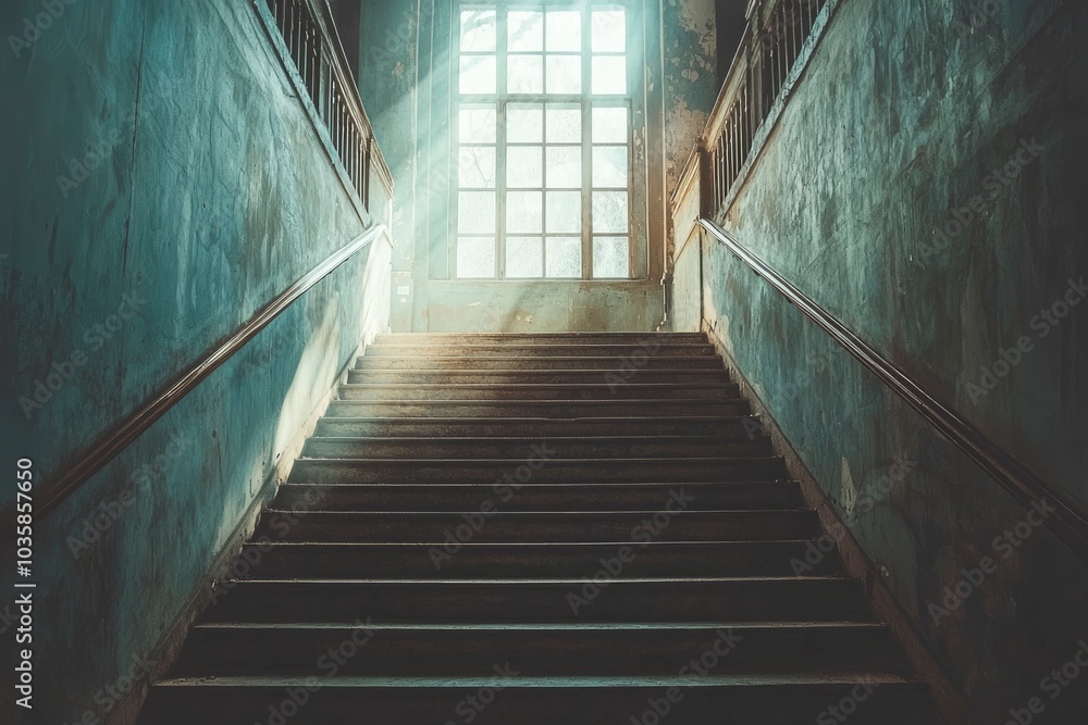 Sunbeams Illuminating a Staircase in an Abandoned Building Sunbeams Illuminating a Staircase in an Abandoned Building