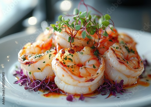 Gourmet shrimp dish garnished with microgreens and herbs on a white plate. photo