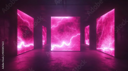 A dark room with four large rectangular panels emitting pink lightning.