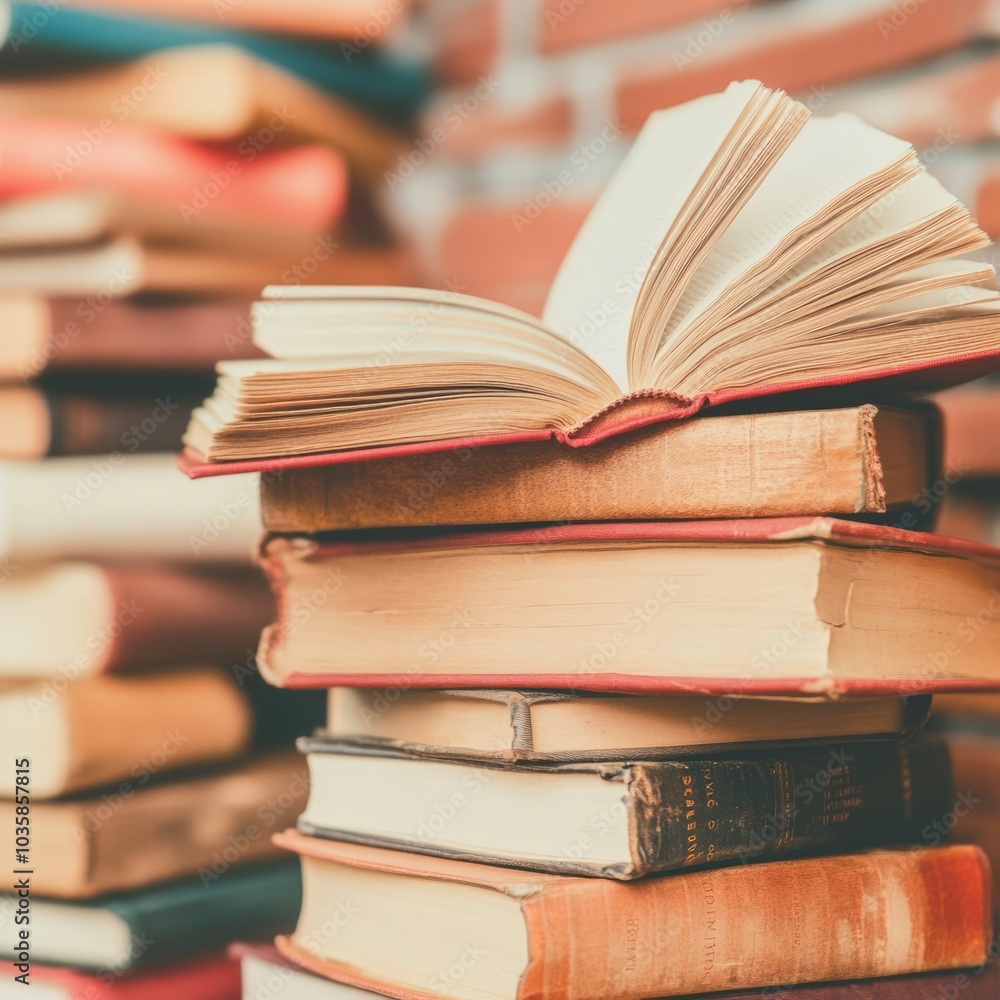 A stack of books with an open book on top, showcasing literature and knowledge. A stack of books with an open book on top, showcasing literature and knowledge.