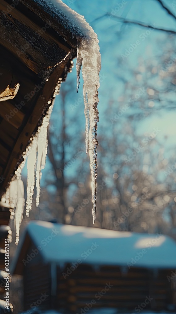 Obraz premium Icicles Hanging From a Snowy Roof in Winter