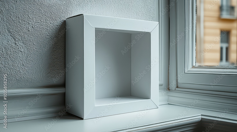 Fototapeta premium Minimalist white cube shelf by a window, capturing natural light.