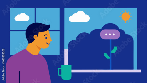 Weather Forecast A person looks out the window while asking a voice assistant about the weather. The assistant shows a weather forecast on a nearby screen.