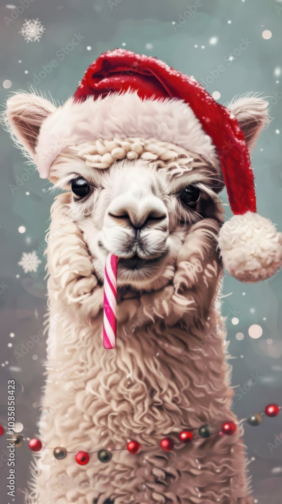 A festive llama in a Santa hat, playfully holding a candy cane, surrounded by a snowy backdrop and colorful ornaments. A festive llama in a Santa hat, playfully holding a candy cane, surrounded by a snowy backdrop and colorful ornaments.