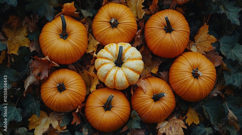 A group of pumpkins arranged among colorful autumn leaves on the ground. A group of pumpkins arranged among colorful autumn leaves on the ground.