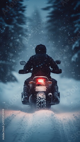 Motorcycle Rider in a Snowy Forest - Winter Adventure