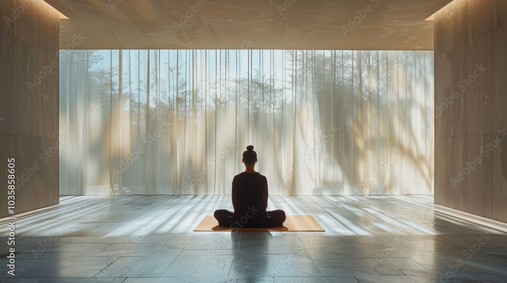 Silhouette of a woman meditating in a peaceful room with a large window overlooking a lush garden. Silhouette of a woman meditating in a peaceful room with a large window overlooking a lush garden.