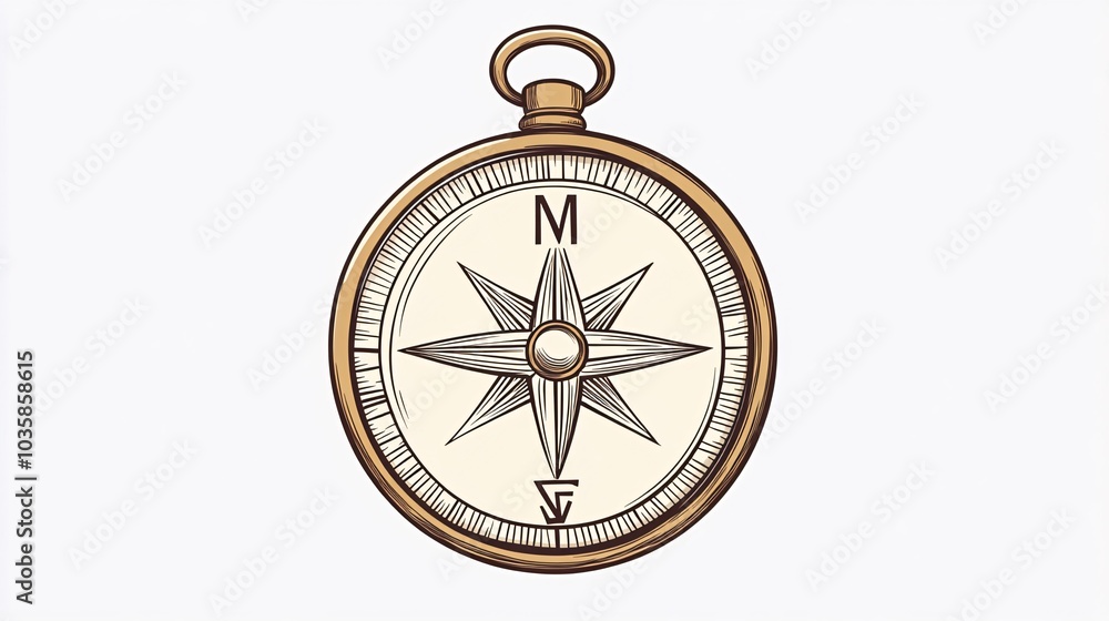 An illustration of a classic compass with a golden frame and a white background.