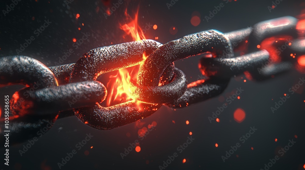 Metallic chain with one glowing red-hot link, symbolizing strength and unity, vibrant sparks creating a dynamic and powerful visual effect Metallic chain with one glowing red-hot link, symbolizing strength and unity, vibrant sparks creating a dynamic and powerful visual effect