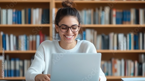 After quarantine happiness. Young smiling girl happy working on laptop in cafe, copy space 