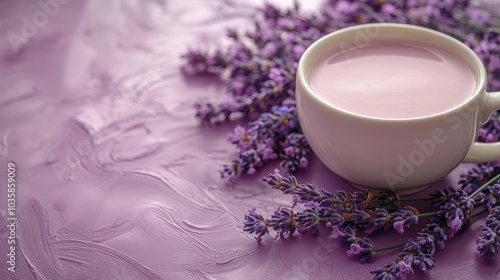 A serene cup of lavender-infused drink on a textured purple surface, surrounded by lavender sprigs.