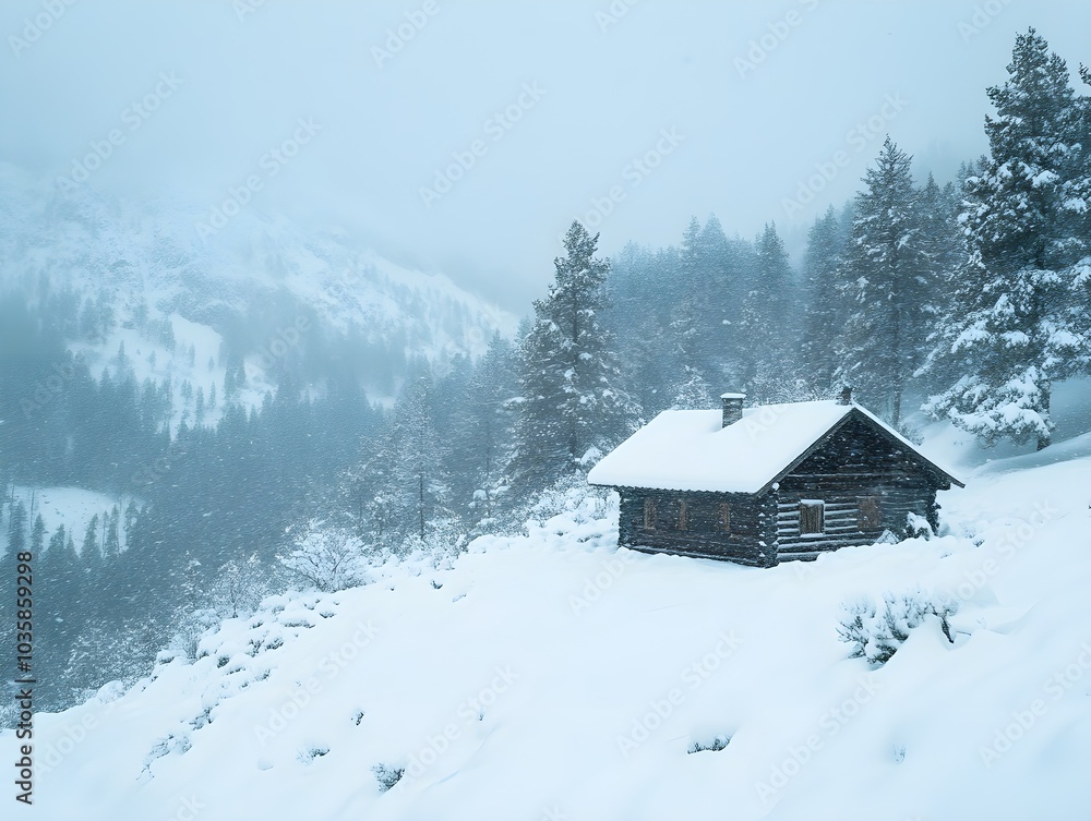Snowy Cabin Surrounded by Winter Landscape Snowy Cabin Surrounded by Winter Landscape