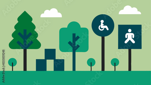 Wayfinding Signs Illustrated directional signs with symbols and braille positioned in a park to assist visitors in navigating the area effortlessly.