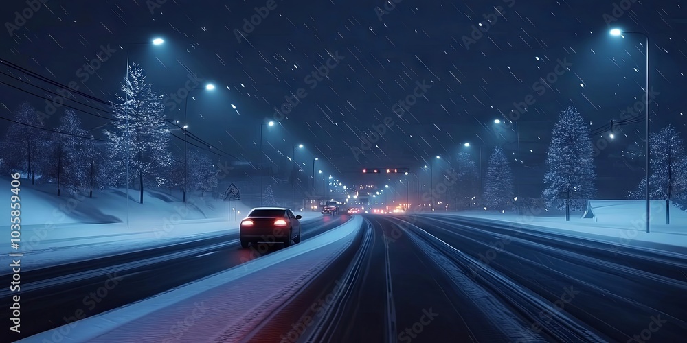 Nighttime Highway Drive Through Snowy Landscape