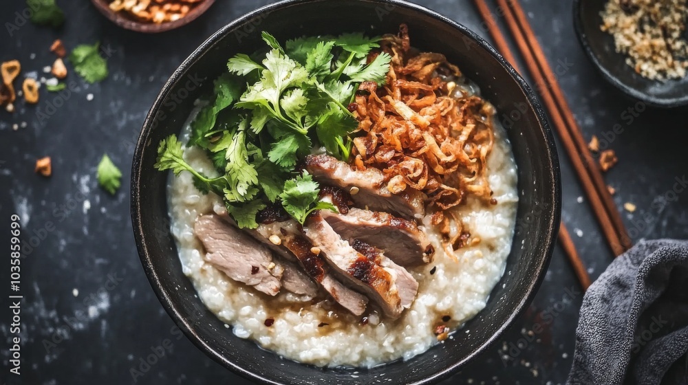 Delicious bowl of rice porridge with meat and herbs Delicious bowl of rice porridge with meat and herbs