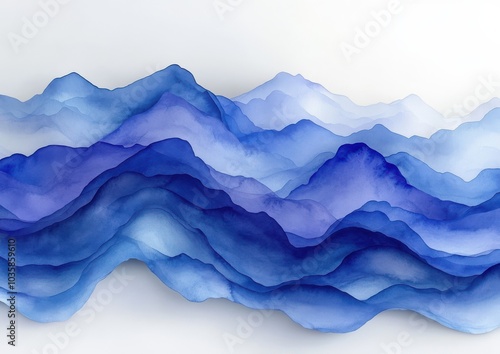 Abstract watercolor painting of blue mountain ranges with layered peaks.