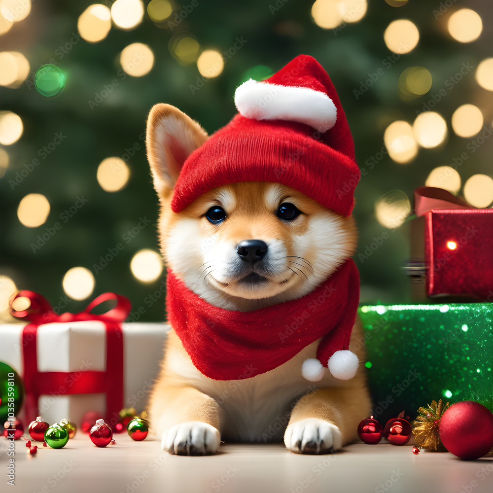 A Shiba Inu puppy at Christmas, wearing a small Santa hat and a green scarf, with a bright face and sparkling eyes. A Shiba Inu puppy at Christmas, wearing a small Santa hat and a green scarf, with a bright face and sparkling eyes.