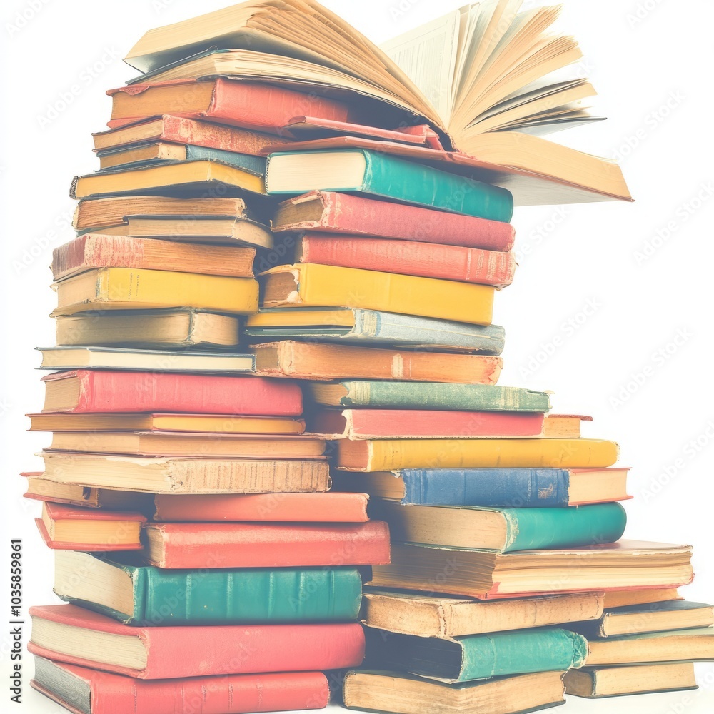 Fototapeta premium A stack of colorful books with one open on top, symbolizing knowledge.
