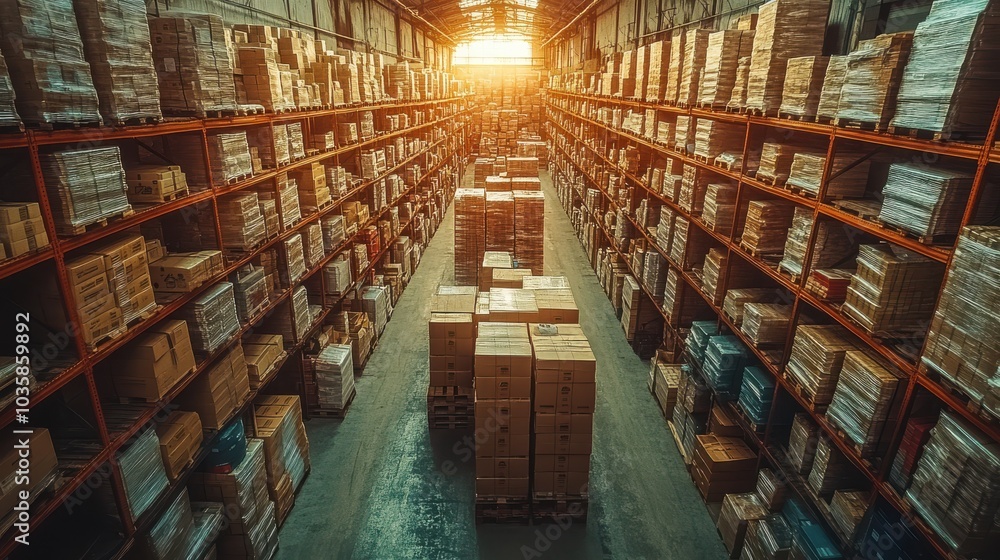A large warehouse with stacked boxes and pallets, illuminated by warm sunlight through the windows.